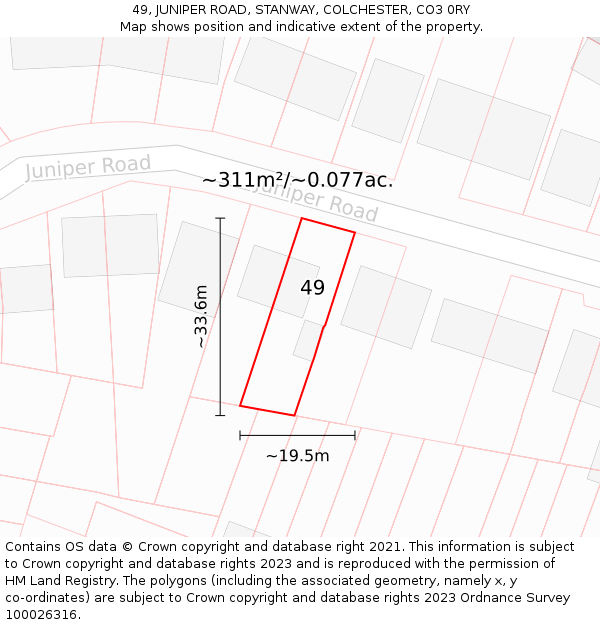 49, JUNIPER ROAD, STANWAY, COLCHESTER, CO3 0RY: Plot and title map