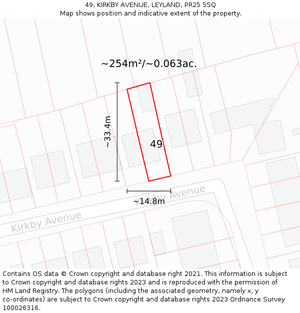 49, KIRKBY AVENUE, LEYLAND, PR25 5SQ: Plot and title map