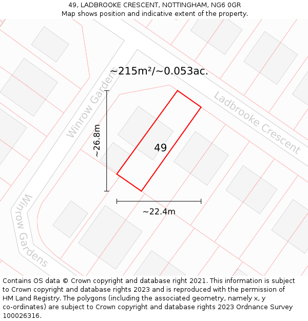 49, LADBROOKE CRESCENT, NOTTINGHAM, NG6 0GR: Plot and title map