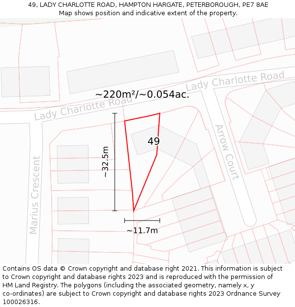 49, LADY CHARLOTTE ROAD, HAMPTON HARGATE, PETERBOROUGH, PE7 8AE: Plot and title map