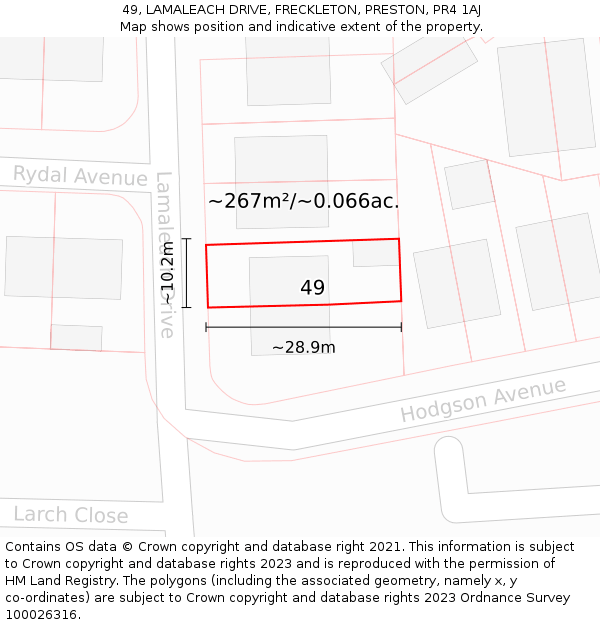 49, LAMALEACH DRIVE, FRECKLETON, PRESTON, PR4 1AJ: Plot and title map