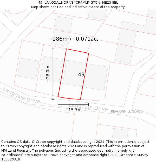 49, LANGDALE DRIVE, CRAMLINGTON, NE23 8EL: Plot and title map