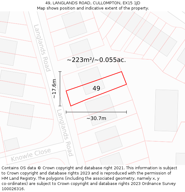 49, LANGLANDS ROAD, CULLOMPTON, EX15 1JD: Plot and title map