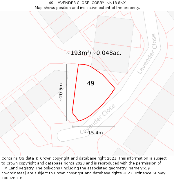49, LAVENDER CLOSE, CORBY, NN18 8NX: Plot and title map