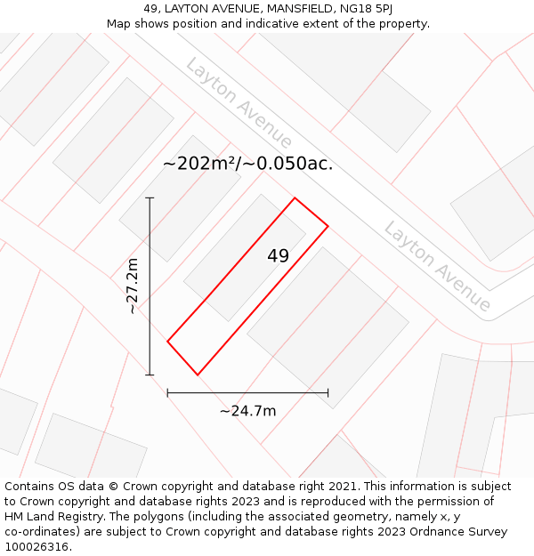 49, LAYTON AVENUE, MANSFIELD, NG18 5PJ: Plot and title map