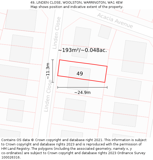 49, LINDEN CLOSE, WOOLSTON, WARRINGTON, WA1 4EW: Plot and title map