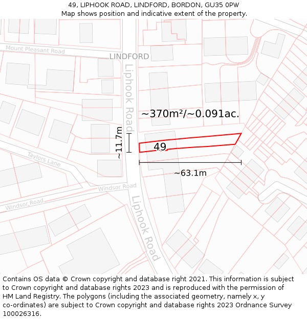 49, LIPHOOK ROAD, LINDFORD, BORDON, GU35 0PW: Plot and title map
