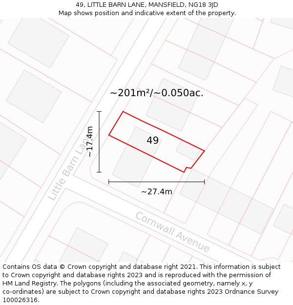 49, LITTLE BARN LANE, MANSFIELD, NG18 3JD: Plot and title map