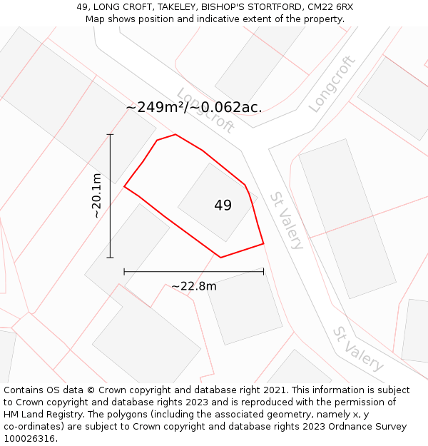 49, LONG CROFT, TAKELEY, BISHOP'S STORTFORD, CM22 6RX: Plot and title map