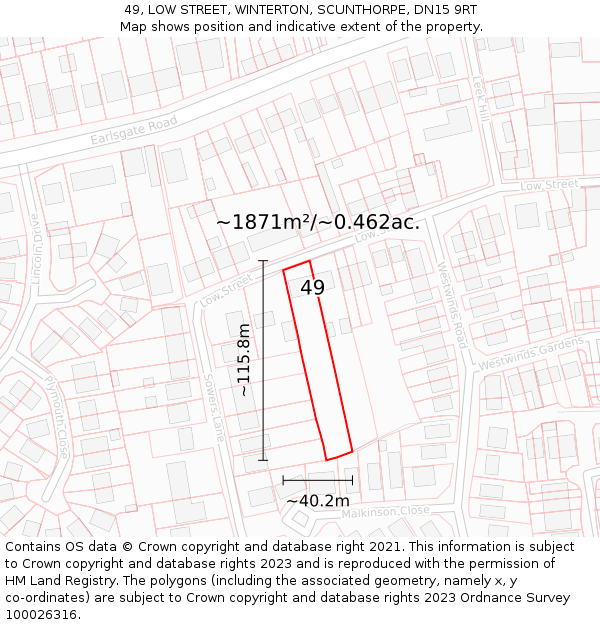 49, LOW STREET, WINTERTON, SCUNTHORPE, DN15 9RT: Plot and title map
