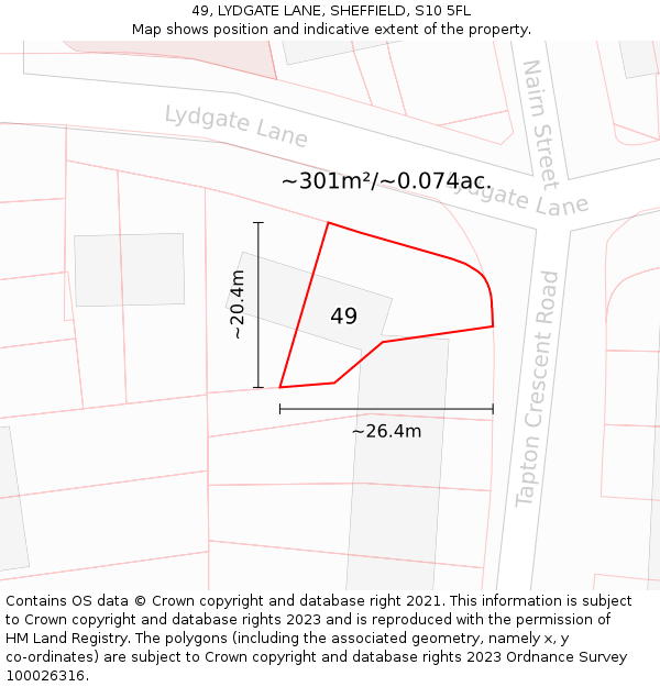49, LYDGATE LANE, SHEFFIELD, S10 5FL: Plot and title map