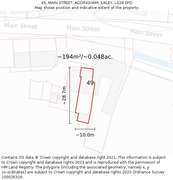 49, MAIN STREET, ADDINGHAM, ILKLEY, LS29 0PD: Plot and title map