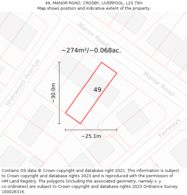 49, MANOR ROAD, CROSBY, LIVERPOOL, L23 7XH: Plot and title map