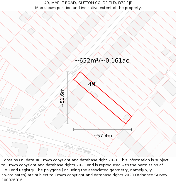 49, MAPLE ROAD, SUTTON COLDFIELD, B72 1JP: Plot and title map