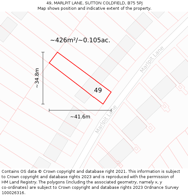 49, MARLPIT LANE, SUTTON COLDFIELD, B75 5PJ: Plot and title map