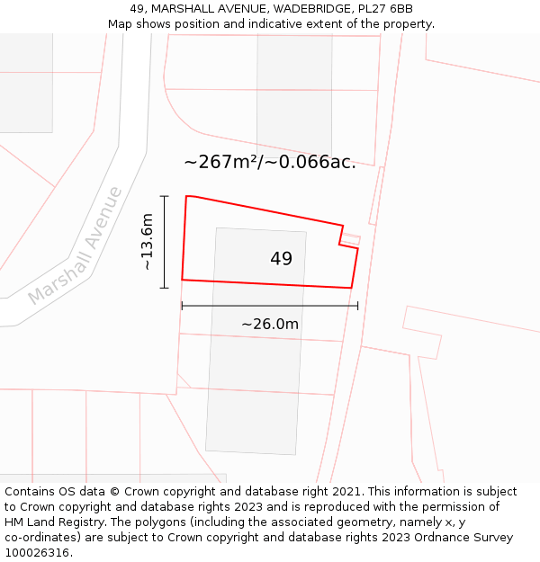 49, MARSHALL AVENUE, WADEBRIDGE, PL27 6BB: Plot and title map