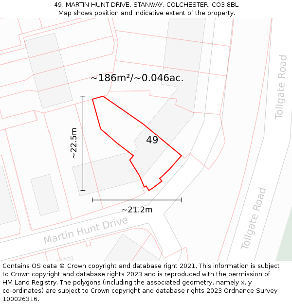 49, MARTIN HUNT DRIVE, STANWAY, COLCHESTER, CO3 8BL: Plot and title map