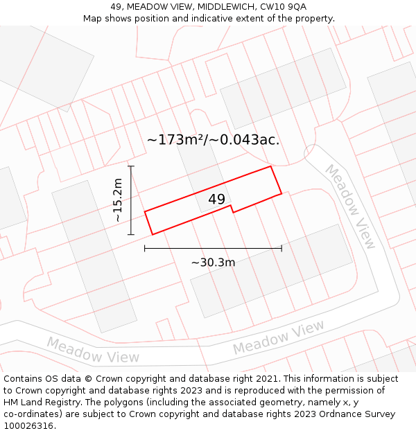 49, MEADOW VIEW, MIDDLEWICH, CW10 9QA: Plot and title map