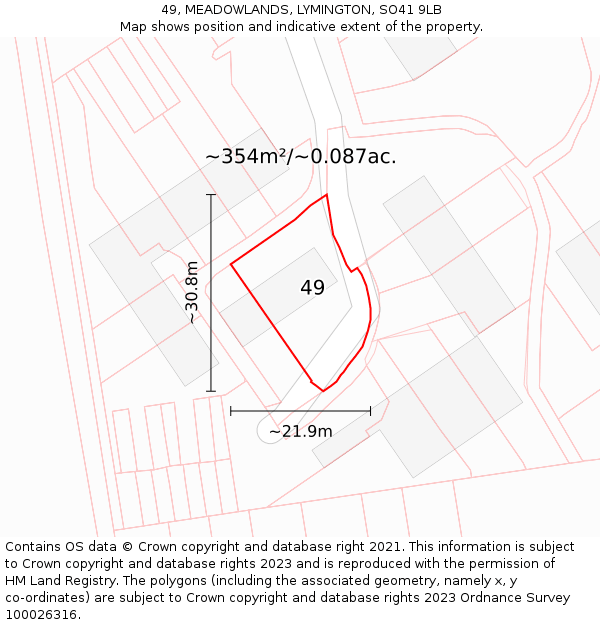 49, MEADOWLANDS, LYMINGTON, SO41 9LB: Plot and title map