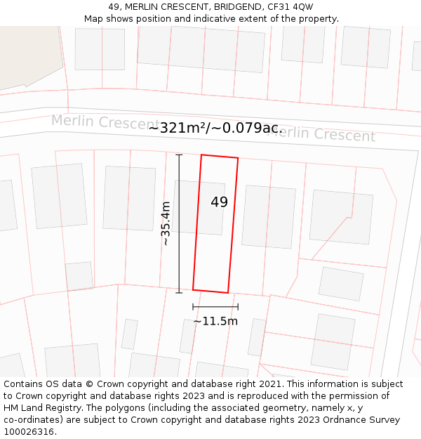 49, MERLIN CRESCENT, BRIDGEND, CF31 4QW: Plot and title map