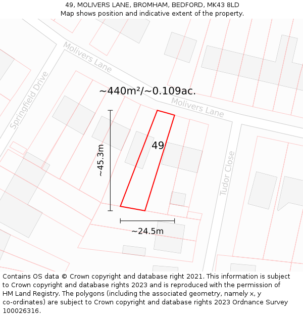 49, MOLIVERS LANE, BROMHAM, BEDFORD, MK43 8LD: Plot and title map