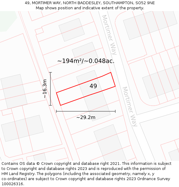 49, MORTIMER WAY, NORTH BADDESLEY, SOUTHAMPTON, SO52 9NE: Plot and title map