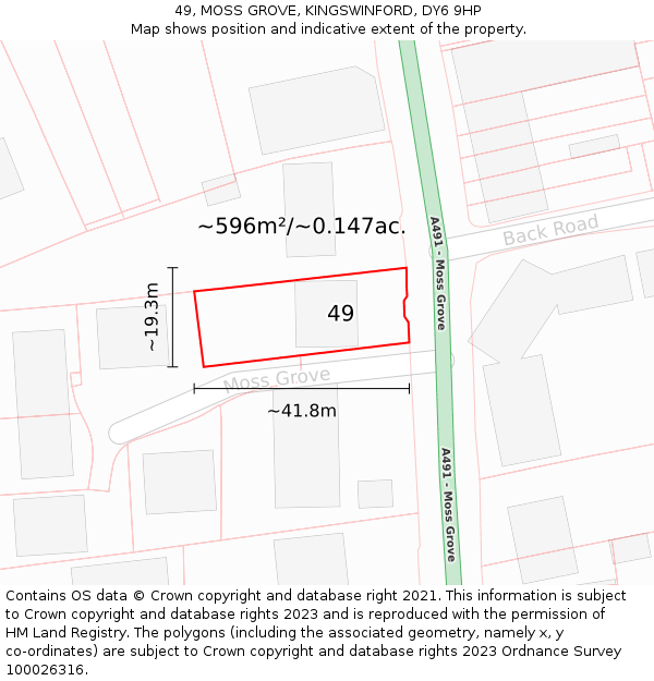 49, MOSS GROVE, KINGSWINFORD, DY6 9HP: Plot and title map