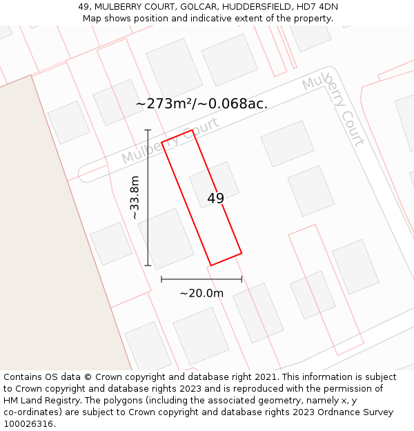 49, MULBERRY COURT, GOLCAR, HUDDERSFIELD, HD7 4DN: Plot and title map