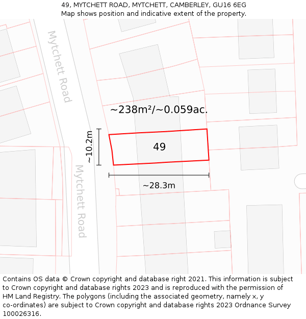49, MYTCHETT ROAD, MYTCHETT, CAMBERLEY, GU16 6EG: Plot and title map