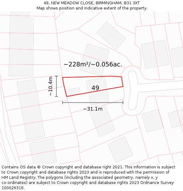49, NEW MEADOW CLOSE, BIRMINGHAM, B31 3XT: Plot and title map