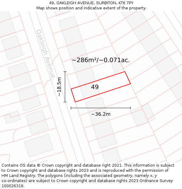 49, OAKLEIGH AVENUE, SURBITON, KT6 7PY: Plot and title map