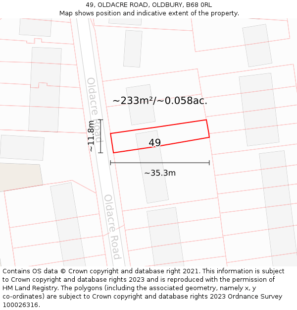 49, OLDACRE ROAD, OLDBURY, B68 0RL: Plot and title map