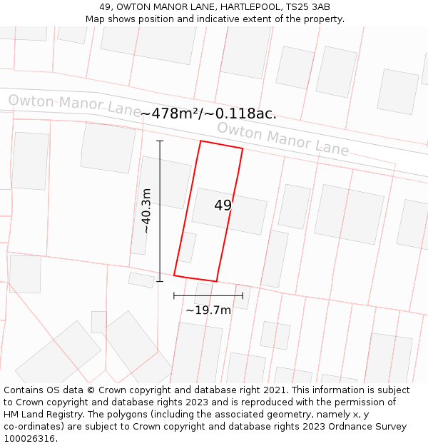 49, OWTON MANOR LANE, HARTLEPOOL, TS25 3AB: Plot and title map