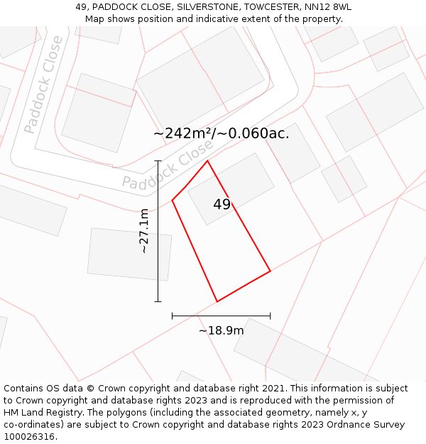 49, PADDOCK CLOSE, SILVERSTONE, TOWCESTER, NN12 8WL: Plot and title map