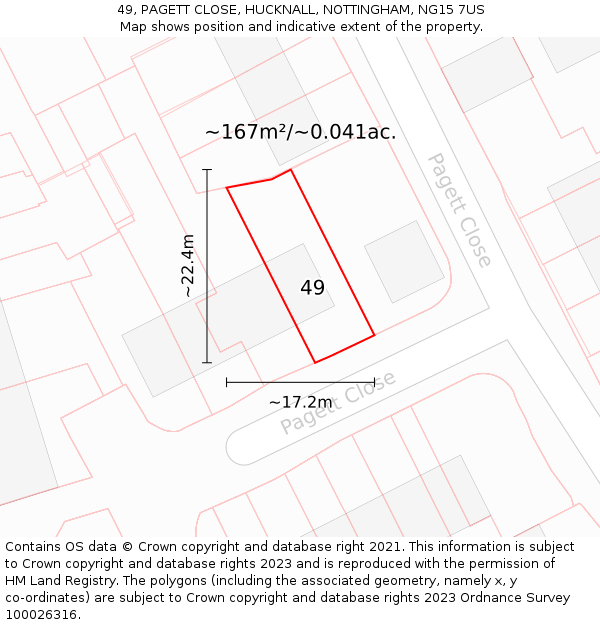 49, PAGETT CLOSE, HUCKNALL, NOTTINGHAM, NG15 7US: Plot and title map