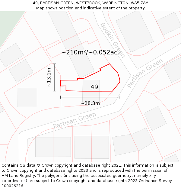 49, PARTISAN GREEN, WESTBROOK, WARRINGTON, WA5 7AA: Plot and title map