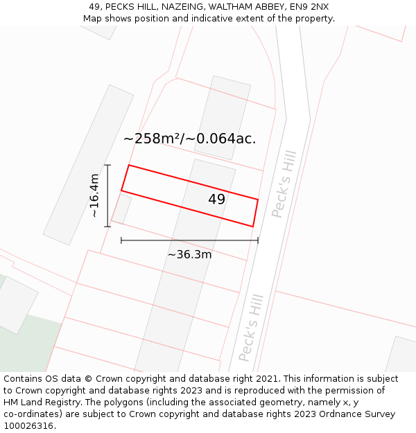 49, PECKS HILL, NAZEING, WALTHAM ABBEY, EN9 2NX: Plot and title map