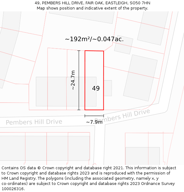 49, PEMBERS HILL DRIVE, FAIR OAK, EASTLEIGH, SO50 7HN: Plot and title map