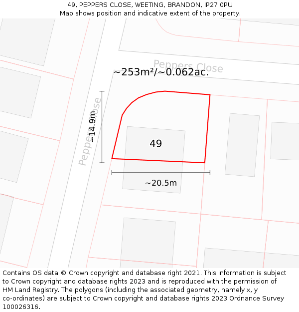 49, PEPPERS CLOSE, WEETING, BRANDON, IP27 0PU: Plot and title map