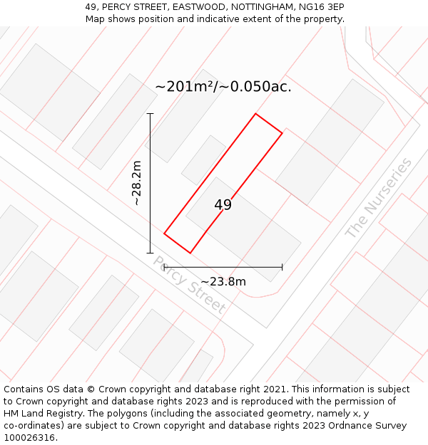 49, PERCY STREET, EASTWOOD, NOTTINGHAM, NG16 3EP: Plot and title map