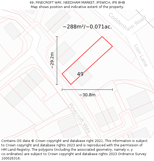 49, PINECROFT WAY, NEEDHAM MARKET, IPSWICH, IP6 8HB: Plot and title map