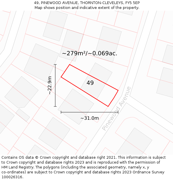 49, PINEWOOD AVENUE, THORNTON-CLEVELEYS, FY5 5EP: Plot and title map