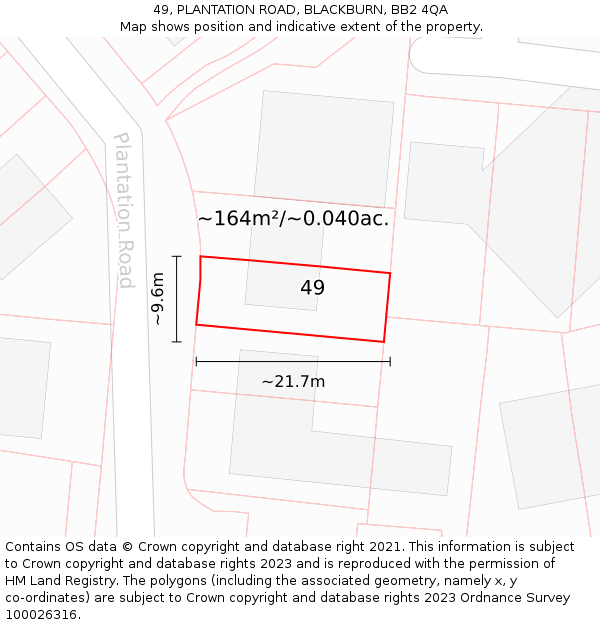 49, PLANTATION ROAD, BLACKBURN, BB2 4QA: Plot and title map