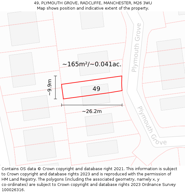 49, PLYMOUTH GROVE, RADCLIFFE, MANCHESTER, M26 3WU: Plot and title map