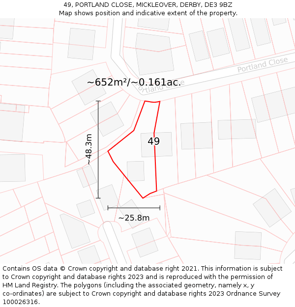 49, PORTLAND CLOSE, MICKLEOVER, DERBY, DE3 9BZ: Plot and title map