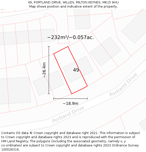 49, PORTLAND DRIVE, WILLEN, MILTON KEYNES, MK15 9HU: Plot and title map