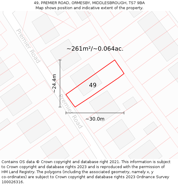 49, PREMIER ROAD, ORMESBY, MIDDLESBROUGH, TS7 9BA: Plot and title map