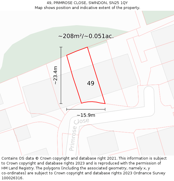 49, PRIMROSE CLOSE, SWINDON, SN25 1QY: Plot and title map