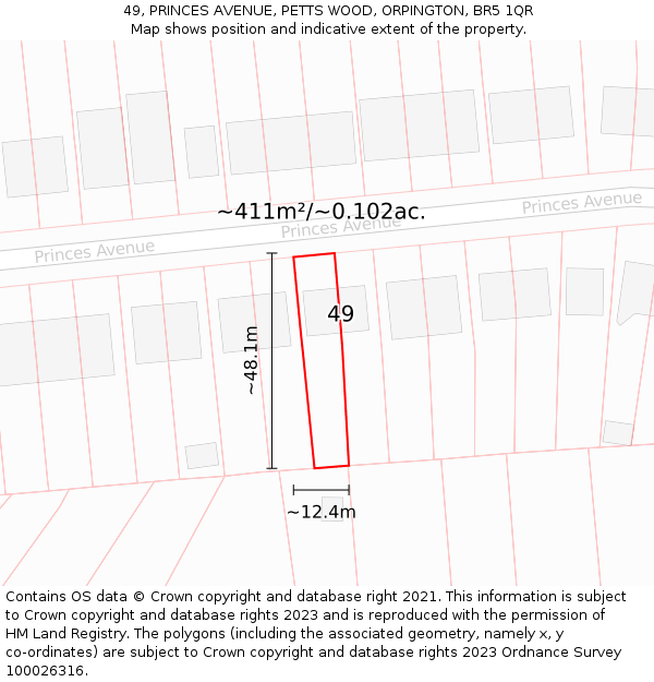 49, PRINCES AVENUE, PETTS WOOD, ORPINGTON, BR5 1QR: Plot and title map