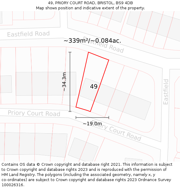 49, PRIORY COURT ROAD, BRISTOL, BS9 4DB: Plot and title map